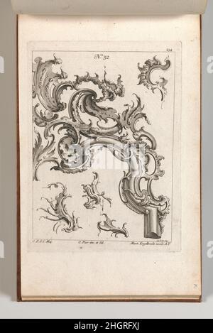 Various Designs for Rocaille Ornaments, Plate 1 from an Untitled Series of Rocaille Ornaments for Frames Printed ca. 1750–56 Jacob Gottlieb Thelot Ornament print with designs for rocaille ornaments, including one large ornament forming the top right corner of a frame or arch and four loose rocailles. This print is bound in an album containing 27 series with a total of 122 ornament prints from the fund of the prominent Augsburg publisher Martin Engelbrecht.. Various Designs for Rocaille Ornaments, Plate 1 from an Untitled Series of Rocaille Ornaments for Frames. After Carl Pier (German, active Stock Photo