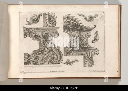 Suggestion for the Decoration of the Lower and Top Right of a Frame, Plate 4 from: 'Unterschidliche Auszierungen zu Thüren und Fenster, etc. etc. sehr nutzlich zu gebrauchen' Printed ca. 1750–56 Jeremias Wachsmuth Page from an album containing 27 series with a total of 122 ornament prints from the fund of the prominent Augsburg publisher Martin Engelbrecht. The binding describes the content as cartouches (after the first series in the album) but it is much more varied, ranging from rocaille ornament and cartouches to designs for altars and pulpits, as well as allegorical compositions in which Stock Photo