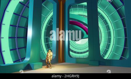 3D illustrazione - persone in corridoio futuristico spazio, stanza Foto Stock