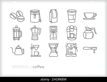 Set di icone per la linea del caffè per un menu in un bar o per la preparazione di caffè in casa Illustrazione Vettoriale