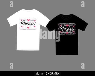 Testo d'amore e illustrazione dei cuori con lo slogan Amore è la parola italiana per 'amore'. Calligrafia di saluto del giorno di San Valentino. T-shirt stampata Amore nera Illustrazione Vettoriale