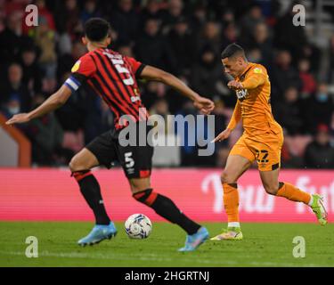 Bournemouth, Regno Unito. 22nd Jan 2022. Tyler Smith #22 di Hull City corre in avanti con la palla a Bournemouth, Regno Unito il 1/22/2022. (Foto di Simon Whitehead/News Images/Sipa USA) Credit: Sipa USA/Alamy Live News Foto Stock