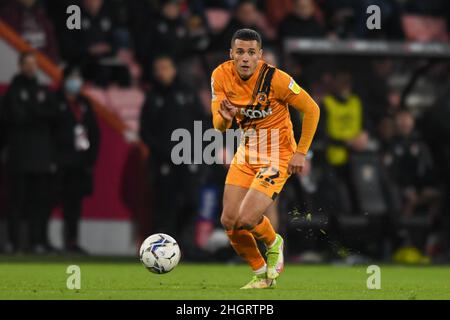 Bournemouth, Regno Unito. 22nd Jan 2022. Tyler Smith #22 di Hull City corre in avanti con la palla a Bournemouth, Regno Unito il 1/22/2022. (Foto di Simon Whitehead/News Images/Sipa USA) Credit: Sipa USA/Alamy Live News Foto Stock