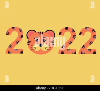 Numeri 2022 e la museruola di una tigre su sfondo giallo arancio. Capodanno cinese della tigre, immagine vettoriale Illustrazione Vettoriale
