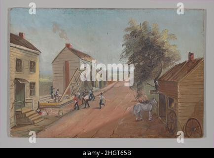 House Raising 1870s William P. Chappel American con l’espansione della popolazione di Manhattan all’inizio del diciannovesimo secolo, molti residenti della classe operaia si sono ricollocati nei quartieri settentrionali più rurali della città per sfuggire ai crescenti affitti del centro. Questa scena di decimo rione si svolge su Grand Between Eldridge e Allen Streets (nell'odierno Lower East Side). Un maestro e diversi uomini di viaggio, alcuni con pali lunghi, lavorano per sollevare un lato (chiamato 'curvo') di una casa in legno-telaio. Per anni, New York aveva cercato senza successo di vietare strutture in legno a favore di mattoni o pietre più ignifugo. A destra, Foto Stock