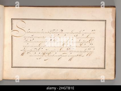 Calligraphic Excersize in Italian (Cursive script) inizio 17th secolo Anonymous Calligraphic exercise in Italian, presentato in una doppia cornice rettangolare spezzata dalla lettera iniziale 'S'. Il testo inizia con le parole ' si deo TENER per certo chosi (...)' e corre per sei righe. Parte di un album con 26 esempi di calligrafia e micrografia, che si ritiene siano stati prodotti in Francia o forse Anversa all'inizio del XVII secolo. Calligraphic Excersize in Italian (Cursive script). Anonimo francese o fiammingo. Inizio 17th secolo. Penna e inchiostro nero e marrone. Foto Stock