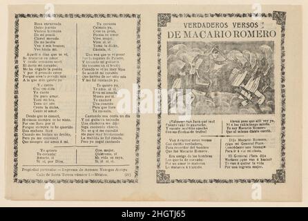 Si allarga con i versetti riguardanti il leader militare Macario Romero, che si mostra a cavallo accanto agli indiani ca. 1912 José Guadalupe Posada. Si allarga con i versetti riguardanti il leader militare Macario Romero, che si mostra a cavallo accanto agli indiani. José Guadalupe Posada (messicano, 1851–1913). CA. 1912. Rilievo fotografico e stampa letterina su carta beige. Antonio Vanegas Arroyo (1850-1917, messicano). Stampa Foto Stock