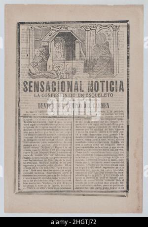 Storia di notizie circa l'avvistamento di uno scheletro all'interno di un tempio santo, un uomo che giace sul pavimento, mentre uno scheletro ritorna in una camera e una figura vestita esce a destra 1903 José Guadalupe Posada. Storia di notizie circa l'avvistamento di uno scheletro all'interno di un tempio santo, un uomo che giace sul pavimento, mentre uno scheletro ritorna in una camera e una figura vestita esce a destra. José Guadalupe Posada (messicano, 1851-1913). 1903. Rilievo fotografico e stampa letterina su carta abbronzata. Antonio Vanegas Arroyo (1850-1917, messicano). Stampa Foto Stock