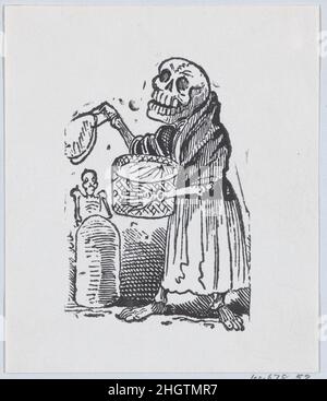 A skeleton selling tortillas from a broadside entitled 'Una Calavera Chusca' ca. 1880–1910 José Guadalupe Posada. A skeleton selling tortillas from a broadside entitled 'Una Calavera Chusca'. José Guadalupe Posada (Mexican, 1851–1913). ca. 1880–1910. Wood engraving. Prints Stock Photo