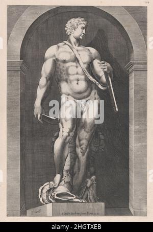 Speculum Romanae Magnificentiae: Perseus fine 16th secolo Giacomo Lauri Italiano questa stampa proviene dalla copia del museo dello Speculum Romanae Magnificentiae (lo specchio della magnificenza romana) lo Speculum ha trovato la sua origine nelle opere editoriali di Antonio Salamanca e Antonio Lafreri. Durante la carriera editoriale romana, i due editori stranieri - che hanno lavorato insieme tra il 1553 e il 1563 - hanno iniziato la produzione di stampe che registrano opere d'arte, architettura e vedute della città relative alla Roma antica e moderna. Le stampe potrebbero essere acquistate singolarmente da turisti e collezionisti, ma w Foto Stock