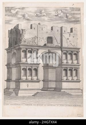 Speculum Romanae Magnificentiae: Tempio di Giano 1564 Anonimo questa stampa proviene dalla copia del museo dello Speculum Romanae Magnificentiae (lo specchio della magnificenza romana) lo Speculum ha trovato la sua origine nelle opere editoriali di Antonio Salamanca e Antonio Lafreri. Durante la carriera editoriale romana, i due editori stranieri - che hanno lavorato insieme tra il 1553 e il 1563 - hanno iniziato la produzione di stampe che registrano opere d'arte, architettura e vedute della città relative alla Roma antica e moderna. Le stampe potevano essere acquistate singolarmente da turisti e collezionisti, ma venivano anche acquistate Foto Stock