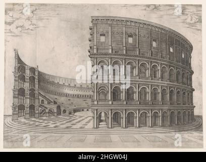 Speculum Romanae Magnificentiae: Interno ed esterno del Colosseo 16th secolo Anonimo questa stampa proviene dalla copia del museo dello Speculum Romanae Magnificentiae (lo specchio della magnificenza romana) lo Speculum ha trovato la sua origine nelle opere editoriali di Antonio Salamanca e Antonio Lafreri. Durante la carriera editoriale romana, i due editori stranieri - che hanno lavorato insieme tra il 1553 e il 1563 - hanno iniziato la produzione di stampe che registrano opere d'arte, architettura e vedute della città relative alla Roma antica e moderna. Le stampe potrebbero essere acquistate singolarmente dai turisti e dal col Foto Stock