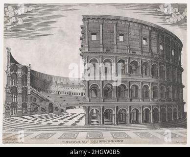 Speculum Romanae Magnificentiae: Il Colosseo 1581 Giovanni Ambrogio Brambilla Italian questa stampa proviene dalla copia del museo dello Speculum Romanae Magnificentiae (lo specchio della magnificenza romana) lo Speculum ha trovato la sua origine negli sforzi editoriali di Antonio Salamanca e Antonio Lafreri. Durante la carriera editoriale romana, i due editori stranieri - che hanno lavorato insieme tra il 1553 e il 1563 - hanno iniziato la produzione di stampe che registrano opere d'arte, architettura e vedute della città relative alla Roma antica e moderna. Le stampe potrebbero essere acquistate singolarmente da turisti e collezionisti Foto Stock