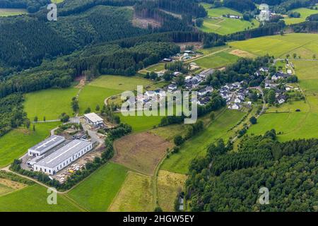 , Aerial view, company premises HÄNER Baumaschinen and local view Öhringhausen, Frenkhausen, Drolshagen, Sauerland, North Rhine-Westphalia, Germany, D Stock Photo