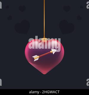 Cuore di vetro rosso con una freccia 3D all'interno. Elemento decorativo di San Valentino per carte di design, invocazione o qualsiasi pubblicità Illustrazione Vettoriale