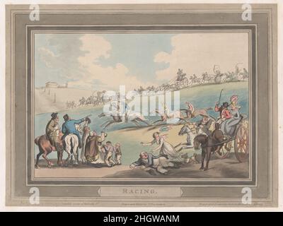 Racing [The Start] January 1, 1799 Thomas Rowlandson Spectators seated in carriages, on horseback, and on foot, line a course to watch a horse race--the stout rider scattering figures at right is not a racer but a spectator whose mount runs out of control. The print comes from a group by Rowlandson devoted to moments in horse racing--interestingly none shows a finish. When first published around 1789, the titles were 'The Mount,' 'The Start,' 'The Betting Post,' and 'The Course.' The present example comes from an expanded reissue of 1798-99 with titles altered to 'Mounting' (59.533.1697), 'Rac Stock Photo