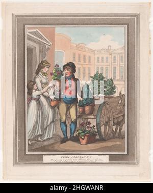 Grida di Londra, n° 6: Tutto un crescente, ecco fiori 1 marzo 1799 Henri Merke. Grida di Londra, n° 6: Tutti in crescita, ecco i fiori. Grida di Londra. Henri Merke (Svizzera, Niederweningen, cantone Zürich ca. 1760–dopo 1820). Marzo 1, 1799. Acquaforte e acquatinta colorate a mano. R. Ackermann (attivo dal 1794 al 1829). Stampa Foto Stock