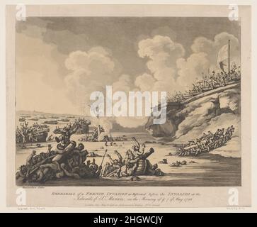 Prove di un'invasione francese come eseguito prima degli Invalidi alle isole di St Marcou la mattina del 7th maggio 1798 maggio 18, 1798 Thomas Rowlandson. Prove di un'invasione francese eseguite prima degli Invalidi alle isole di St Marcou la mattina del 7th maggio 1798. Volontari fedeli. Thomas Rowlandson (British, Londra 1757–1827 Londra). Maggio 18, 1798. Acquaforte e acquatinta. Rudolph Ackermann, Londra (attivo dal 1794 al 1829). Stampa Foto Stock