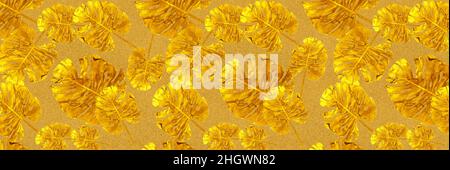 Sfondo panoramico di lusso con molti motivi dorati delle foglie. Carta ecologica o cartone e vernice acrilica dorata. Stile vintage boranico. Foto Stock
