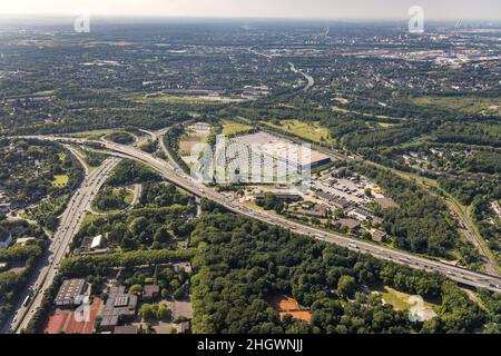 Vista aerea, negozio di mobili Ikea al raccordo autostradale Duisburg-Nord, A42 e A59, Obermeiderich, Duisburg, zona della Ruhr, Renania settentrionale-Vestfalia, Ger Foto Stock