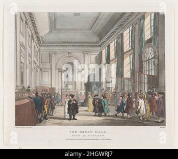 The Great Hall, Bank of England 1 febbraio 1808 progettato e inciso da Thomas Rowlandson British. The Great Hall, Banca d'Inghilterra. Microcosmo di Londra, pl. 7. Progettato e inciso da Thomas Rowlandson (British, Londra 1757–1827 Londra). Febbraio 1, 1808. Acquaforte e acquatinta colorate a mano. Rudolph Ackermann, Londra (attivo dal 1794 al 1829). Stampa Foto Stock