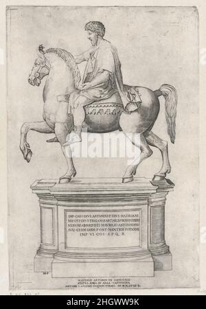 La Statua equestre di Marco Aurelio sul Campidoglio 1548 Nicolas Beatrizet. La Statua equestre di Marco Aurelio sul Campidoglio. Speculum Romanae Magnificentiae. Nicolas Beatrizet (francese, Lunéville 1515–ca. 1566 Roma (?)). 1548. Incisione; primo stato. Stampa Foto Stock