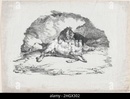 Leone che devora un cavallo 1818 Théodore Gericault francese. Il Leone divora un cavallo. Théodore Gericault (francese, Rouen 1791–1824 Parigi). 1818. Litografia. Stampa Foto Stock