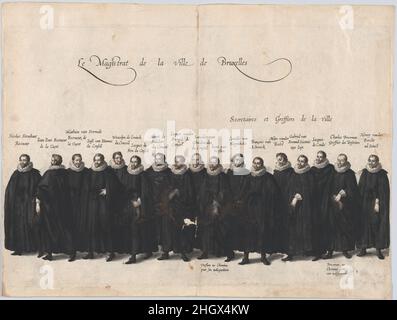 Targa 64: I magistrati della città di Bruxelles marciando nella processione funebre dell'Arciduca Alberto d'Austria; dal 'Pompa funebris ... Alberti PII' 1623 Cornelis Galle i piatto da 'Pompa funebris ... Alberti PII', dopo Jacques Francquart, illustrante la processione funebre di Alberto il Pio (1559-1621), Arciduca d'Austria, figlio dell'imperatore Massimiliano II. 2 fogli incollati al centro.la prima edizione di questa serie contiene 54 lastre numerate e una pagina del titolo incisa, pubblicata nel 1623.la seconda e la terza edizione contengono 66 lastre e sono state pubblicate nel rispetto del 1728 e del 1729 Foto Stock