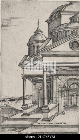 Tenplum Isaiae Prophetae, from a Series of 24 Depicting (Reconstructed) Buildings from Roman Antiquity Plate ca. 1530–50 Anonymous, Italian, 16th century Perspectival depiction of the left part of a temple, referred to as the ‘Tenplum [sic] Isaiae Prophetae’ placed on a two-stepped podium and set in a stylized landscape. The building is characterized by a domed tower and separate cupola over the central bay. The left side of the building is marked by an avant-corpse that mirrors the central entrance and is crowned by a small cupola with a tall drum and a pointed tip. The print is part of a gro Stock Photo
