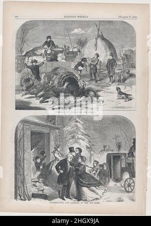 Giorno del Ringraziamento – arrivo alla Vecchia Casa (da 'Harper's Weekly', Vol. II) 27 novembre 1858 dopo Winslow Homer American. Giorno del Ringraziamento – arrivo alla Vecchia Casa (da 'Harper's Weekly', Vol. II). Dopo Winslow Homer (americano, Boston, Massachusetts 1836–1910 Prouts Neck, Maine). Novembre 27, 1858. Incisione in legno. Harper's Weekly (americano, 1857–1916). Stampa Foto Stock