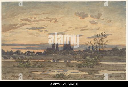 Una vista di Moulins ca. 1850–60 Henri-Joseph Harpignies Francese questo caratteristico acquerello placido di Henri-Joseph Harpignies cattura lo skyline di Moulins al tramonto. La capitale del dipartimento di Allier, Moulins è circa cento miglia a nord-ovest di Lione in Francia. La natura altamente finita di questo paesaggio, insieme alla sua firma in basso a destra, suggerisce che Harpignies può avere commercializzato come un'opera d'arte indipendente. Una vista di Moulins. Henri-Joseph Harpignies (francese, Valenciennes 1819–1916 Saint-Privé). CA. 1850–60. Grafite e acquerello su carta pesante. Foto Stock