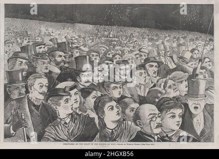 Fire-Works on the Night of the Fourth of July (from 'Harper's Weekly', Vol.XII) 11 luglio 1868 dopo Winslow Homer American nel 1857 Winslow Homer iniziò la sua carriera di diciotto anni lavorando come illustratore per Harper's Weekly, che ha lanciato a New York nello stesso anno. La pubblicazione è stata uno degli esempi più riusciti di un settimanale illustrato, un tipo di rivista dominata da immagini piuttosto che da testo. I settimanali potrebbero essere stampati rapidamente, a buon mercato e in grandi quantità grazie ai recenti progressi nella tecnologia dell'incisione del legno, in cui un'immagine veniva tradotta su un blocco di legno e poi colata Foto Stock