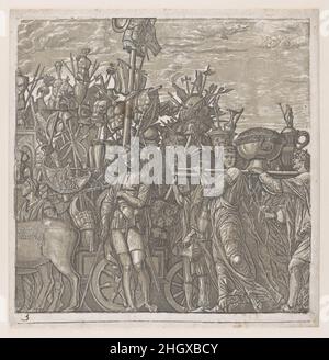 Foglio 3: Trofei di guerra, dal Trionfo di Giulio Cesare 1598–99 Andrea Andreani italiano. Foglio 3: Trofei di guerra, dal Trionfo di Giulio Cesare. Andrea Andreani (italiano, Mantova 1558/1559–1629). 1598–99. Legno chiaroscuro tagliato da quattro blocchi in inchiostro grigio-verde. Stampa Foto Stock