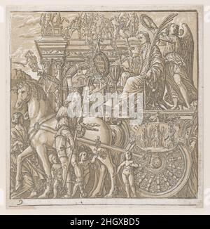 Foglio 9: Giulio Cesare nel suo carro trainato da cavalli, dal Trionfo di Giulio Cesare 1599 Andrea Andreani italiano. Foglio 9: Giulio Cesare nel suo carro trainato da cavalli, dal Trionfo di Giulio Cesare. Andrea Andreani (italiano, Mantova 1558/1559–1629). 1599. Legno chiaroscuro tagliato da quattro blocchi in inchiostro grigio-verde. Stampa Foto Stock