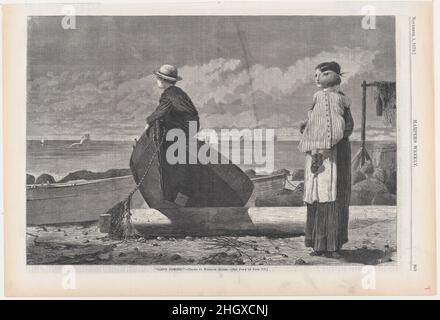 'Il papà sta arrivando!' (Da 'Harper's Weekly', Vol.XVII) 1 novembre 1873 dopo Winslow Homer American nel 1857 Winslow Homer iniziò la sua carriera di diciotto anni lavorando come illustratore per Harper's Weekly, che ha lanciato a New York nello stesso anno. La pubblicazione è stata uno degli esempi più riusciti di un settimanale illustrato, un tipo di rivista dominata da immagini piuttosto che da testo. I settimanali potrebbero essere stampati rapidamente, a buon mercato, e in grandi quantità grazie ai recenti progressi nella tecnologia dell'incisione del legno, in cui un'immagine è stata tradotta su un blocco di legno e poi colata elettroliticamente da una cera m Foto Stock