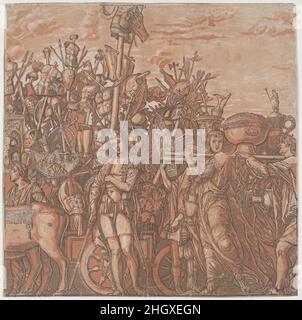 Scheda 3: I trofei di guerra, dal Trionfo di Giulio Cesare 1599 Andrea Andreani italiano Vedi commento per il 2017,449. Foglio 3: I trofei di guerra, dal Trionfo di Giulio Cesare. Andrea Andreani (italiano, Mantova 1558/1559–1629). 1599. Taglio di chiaroscuro a partire da quattro blocchi stampati in rosa. Stampa Foto Stock