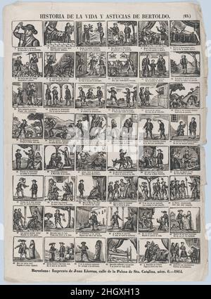 Si allarga con 48 scene relative alla vita e all'astuzia del contadino Bertoldo 1864 Juan Llorens. Si allarga con 48 scene relative alla vita e all'astuzia del contadino Bertoldo. 1864. Incisione in legno. Juan Llorens (spagnolo, Barcellona attiva, ca. 1855–70). Stampa Foto Stock