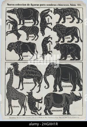 Foglio 10 di figure per marionette ombra cinesi 1859 Juan Llorens. Foglio 10 di figure per marionette ombra cinesi. 1859. Taglio del legno (matrice di incisione del legno). Juan Llorens (spagnolo, Barcellona attiva, ca. 1855–70). Stampa Foto Stock