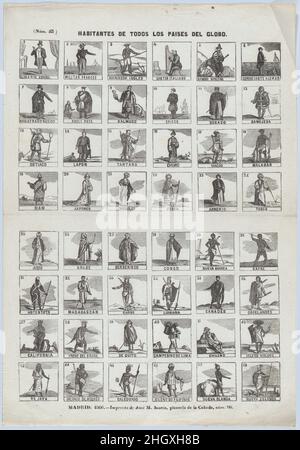 Broadside with 48 scenes depicting the people of the world 1860 José María Marés. Broadside with 48 scenes depicting the people of the world. 1860. Wood engraving. José María Marés (Spanish, active ca. 1850–70). Prints Stock Photo