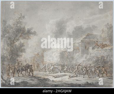 Uno Skirmish con soldati vicino ad una Fattoria; verso: Schizzo con soldati ca. 1790–1800 Dirk Langendijk in questo foglio eseguito rapidamente, Langendijk raffigura un intenso momento di battaglia. Al centro, un grande carro di fieno è in fiamme, presumibilmente utilizzato come arma. Uno Skirmish con soldati vicino ad una Fattoria; verso: Schizzo con soldati. Dirk Langendijk (olandese, Rotterdam 1748–1805 Rotterdam). CA. 1790–1800. Penna e inchiostro marrone e nero, pennello e grigio. Disegni Foto Stock