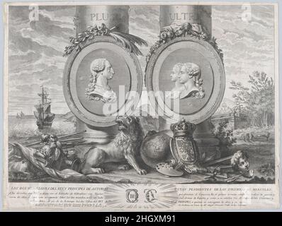 Due ritratti di Carlos III a sinistra e Carlos IV e Maria Louisa a destra in rotonde fissate alle colonne di Ercole in un paesaggio 1766 Manuel Salvador Carmona. Due ritratti di Carlos III a sinistra e Carlos IV e Maria Louisa a destra in rotonde fissate alle colonne di Ercole poste all'interno di un paesaggio. Manuel Salvador Carmona (spagnolo, 1734–1820). 1766. Incisione e incisione. Stampa Foto Stock