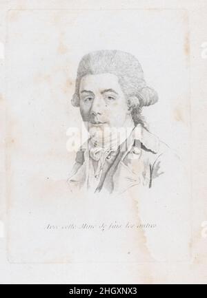 Ritratto di un uomo seconda metà del 18th secolo dopo Guillaume Thiemet questa stampa è legata in un album composto da sedici prime impressioni e una successiva impressione del 'Recueil de Caricatures' di la Live de Jully, incisa ca. 1754 dopo i disegni di Jacques Francois Joseph Saly, otto caricature incise dopo Thiemet, e due stampe anonime di un uomo in piedi e di una donna in piedi. Ritratto di un uomo. Dopo Guillaume Thiemet (francese, attivo ca. 1781/88), seconda metà del 18th secolo. Acquaforte Foto Stock