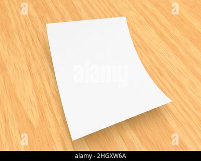 Foglio curvo di carta A4 su un tavolo di legno. 3d rappresentazione illustrazione. Foto Stock