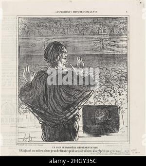 Notte di apertura, da 'i momenti difficili della vita,' pubblicato in le Charivari, 26 maggio 1864 26 maggio 1864 Honoré Daumier che si fonda nel mezzo di un lungo passaggio che conosceva così bene durante le prove. Notte di apertura, da 'i momenti difficili della vita', pubblicata in le Charivari, 26 maggio 1864. "I momenti difficili della vita" (Les Moments difficile de la vie). Honoré Daumier (francese, Marsiglia 1808–1879 Valmondois). Maggio 26, 1864. Litografia su carta da giornale; secondo stato di due (Delteil). Aaron Martinet (francese, 1762–1841). Stampa Foto Stock