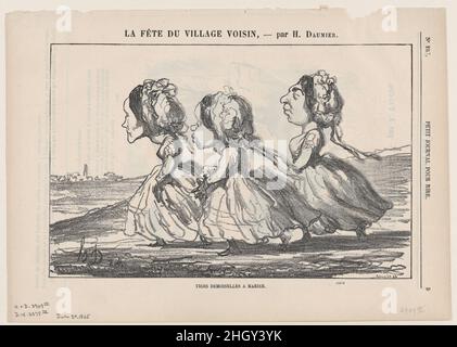 Tre giovani donne da matrimonio, da 'Una celebrazione nel villaggio vicino,' pubblicato in le Petit Journal pour Rire, 24 giugno 1865 24 giugno 1865 Honoré Daumier. Tre giovani donne da matrimonio, da 'Una celebrazione nel villaggio vicino', pubblicato in le Petit Journal pour Rire, 24 giugno 1865. "Una celebrazione nel villaggio vicino" (la fête du villaggio voisin). Honoré Daumier (francese, Marsiglia 1808–1879 Valmondois). Giugno 24, 1865. Litografia su carta da giornale; terzo stato di tre (Delteil). Stampa Foto Stock