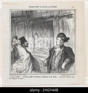 Che idioti! Voi dipingete un quadro religioso per loro e ridono... non hanno nemmeno una devozione all'arte!..., da 'Schetches from the Salon,' pubblicato in le Charivari, 1 giugno 1865 1 giugno 1865 Honoré Daumier. Che idioti! Voi dipingete un quadro religioso per loro e ridono... non hanno nemmeno una devozione all'arte!..., da 'Schetches from the Salon', pubblicato in le Charivari, 1 giugno 1865. 'Schetches dal Salon' (Croquis pris au Salon). Honoré Daumier (francese, Marsiglia 1808–1879 Valmondois). Giugno 1, 1865. Litografia su carta da giornale; secondo stato di due (Delteil). Aaron Martinet (F Foto Stock
