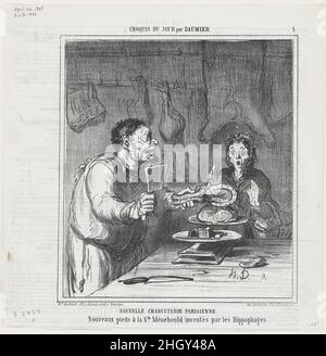 Nuovo macellaio parigino, da 'Schetches of the day', pubblicato in le Charivari, 22 aprile 1865 22 aprile 1865 Honoré Daumier Horse Feet presso la Ménehould Co. Creato dalla Hippophagian Society. Nuova macelleria parigina, da 'Schetches of the day', pubblicata in le Charivari, 22 aprile 1865. 'Schetches del giorno' (Croquis du jour). Honoré Daumier (francese, Marsiglia 1808–1879 Valmondois). Aprile 22, 1865. Litografia su carta da giornale; secondo stato di due (Delteil). Stampa Foto Stock