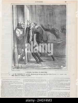 Election reform in England, from 'News of the day,' published in Le Charivari, February 26, 1866 February 26, 1866 Honoré Daumier One of the cabinet members: Gentlemen, I think you'd better open the door to this damn John Bull, otherwise he will push it down.. Election reform in England, from 'News of the day,' published in Le Charivari, February 26, 1866. 'News of the day' (Actualités). Honoré Daumier (French, Marseilles 1808–1879 Valmondois). February 26, 1866. Lithograph on newsprint. Arnaud de Vresse. Prints Stock Photo