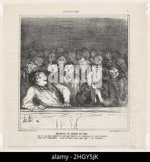 Il declino del dramma nel 1866, da 'abitudini parigine', pubblicato in le Charivari, 2 maggio 1866 maggio 2, 1866 Honoré Daumier. Il declino del dramma nel 1866, da 'abitudini parigine', pubblicato in le Charivari, 2 maggio 1866. "Al Salone" (Au Salon). Honoré Daumier (francese, Marsiglia 1808–1879 Valmondois). Maggio 2, 1866. Litografia su carta da giornale; secondo stato di due (Delteil). Arnaud de Vresse. Stampa Foto Stock