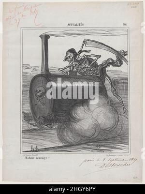 Madame si sta muovendo, da 'Notizie del giorno' 2 settembre 1867 Honoré Daumier. Madame si sta muovendo, da "Notizie del giorno”. 'Notizie del giorno' (Actualités). Honoré Daumier (francese, Marsiglia 1808–1879 Valmondois). Settembre 2, 1867. Litografia, penna e inchiostro marrone, e matita rossa su carta da giornale; prova. Arnaud de Vresse. Stampa Foto Stock